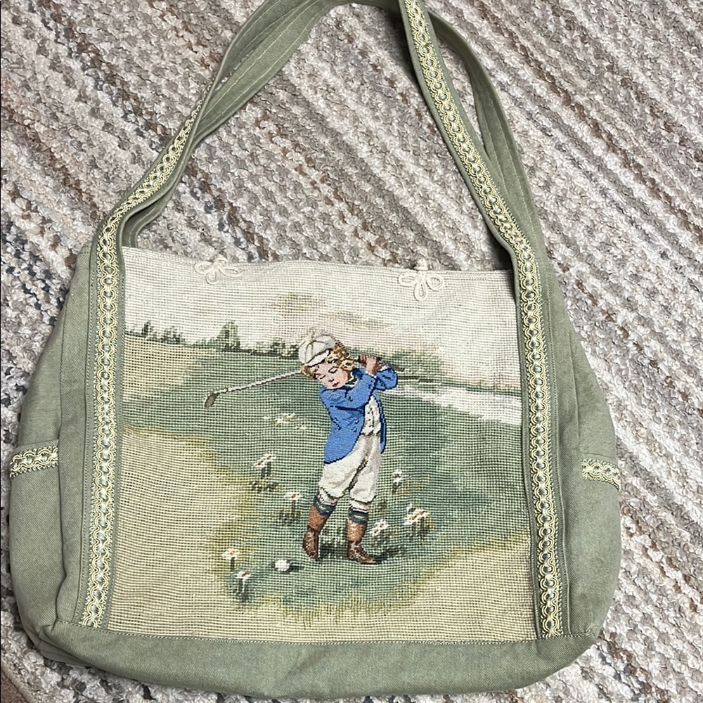 💝RARE VTG One of a kind Golfer Needlepoint Tapestry Large Tote bag